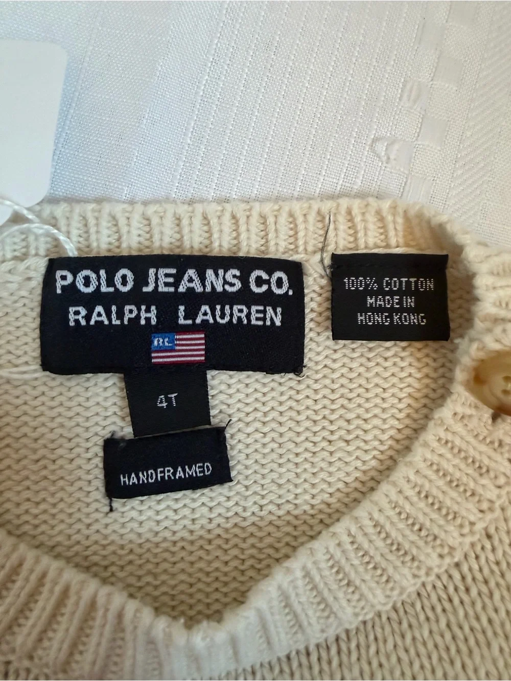 Vintage Ralph Lauren Cream Kids Bear Sweater with Navy Intarsia - Handframe